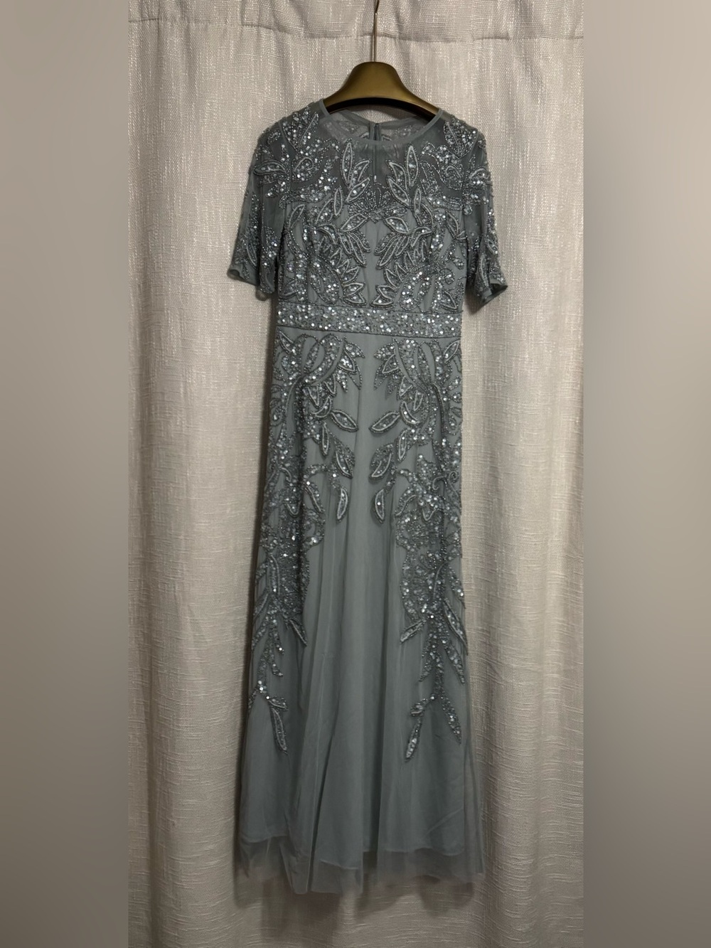 Adrianna Papell Beaded Silver Maxi Gown with sleeves - Picture 2 of 8